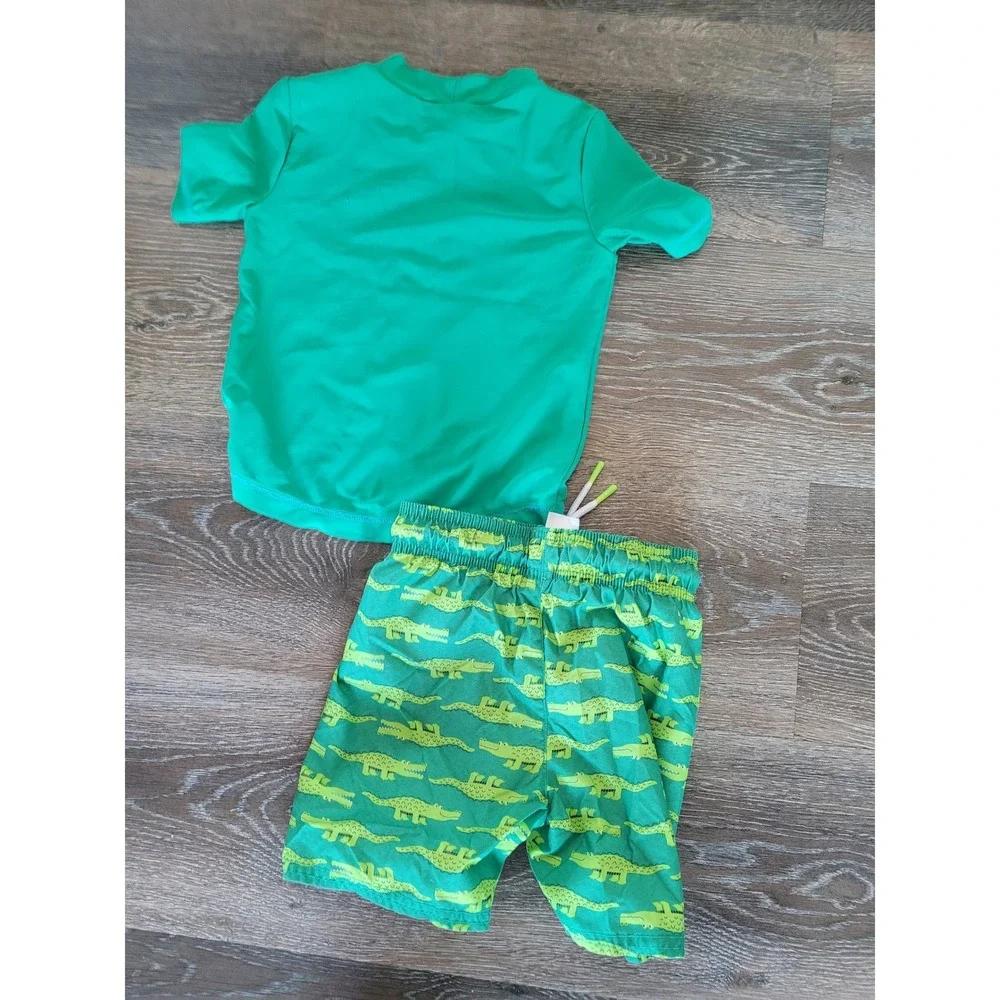 Cat & Jack Boys Green Dinosaur Alligator Rash Guard Swim Trunks Set 3T #3